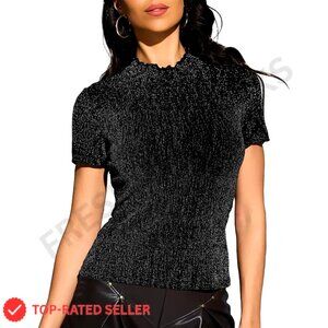 Sparkly Turtle Neck Blouse Short Sleeve Slim Fit Shiny Top Y2K Chic